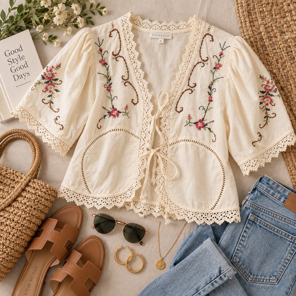 Jennifer & Grace Cream Embroidered Lace Tie Front Cotton Blouse XL Bohemian